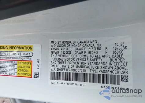2024 Honda Civic Ex from USA, damaged, VIN 2HGFE1F76RH307690